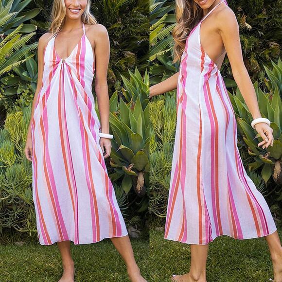 Trina Turk Sweet Striped Midi Ring Halter Swimsuit Cover Up Dress Pink S NWT - Picture 1 of 8